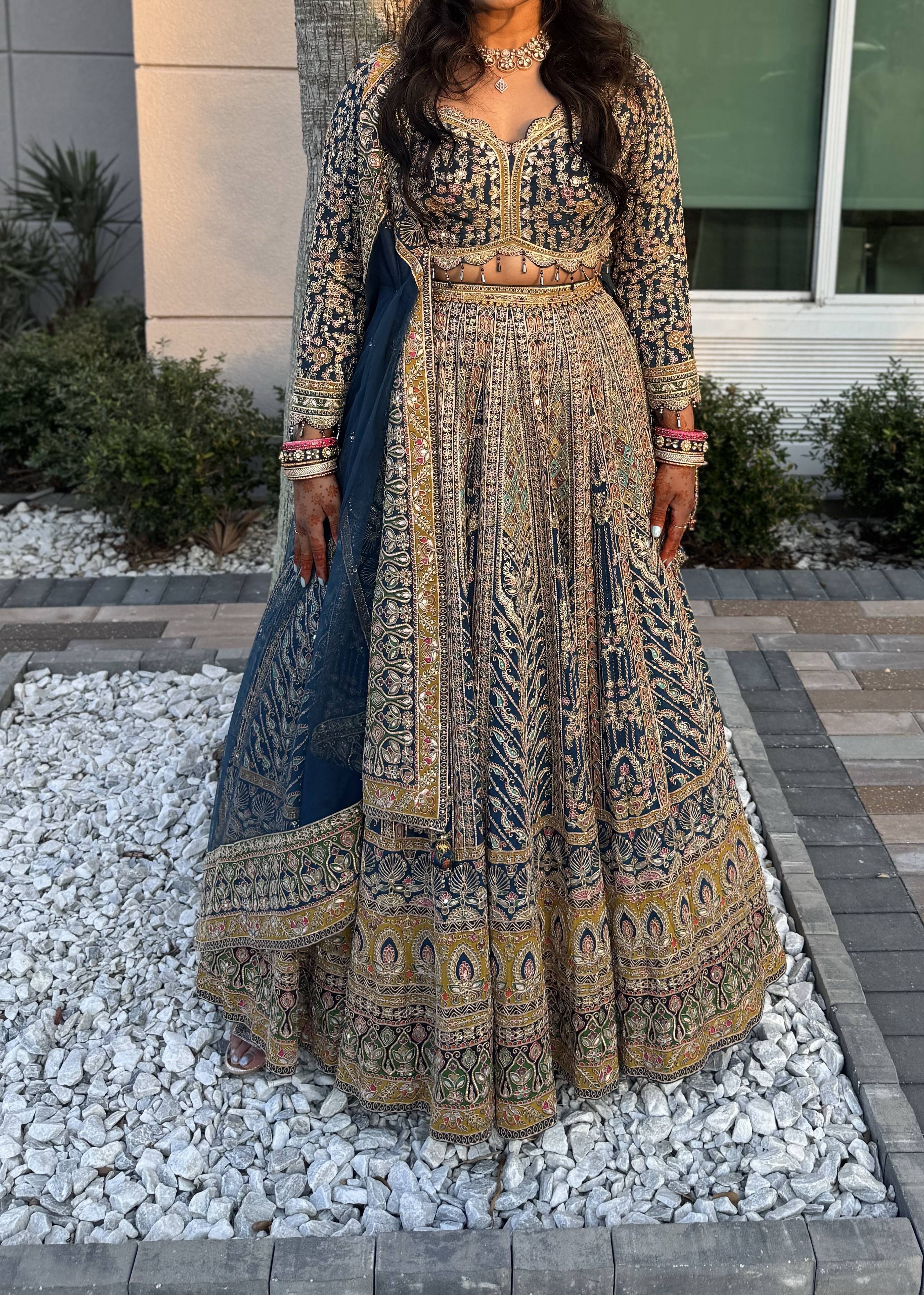 Blue Silk Long-Sleeve Lehenga Image - 1