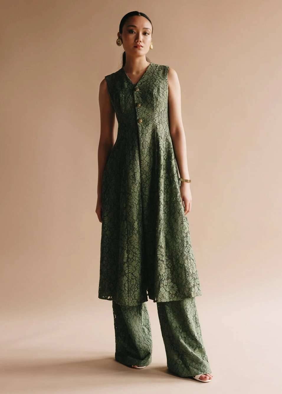 Sage Duster and Trouser Set Image - 0
