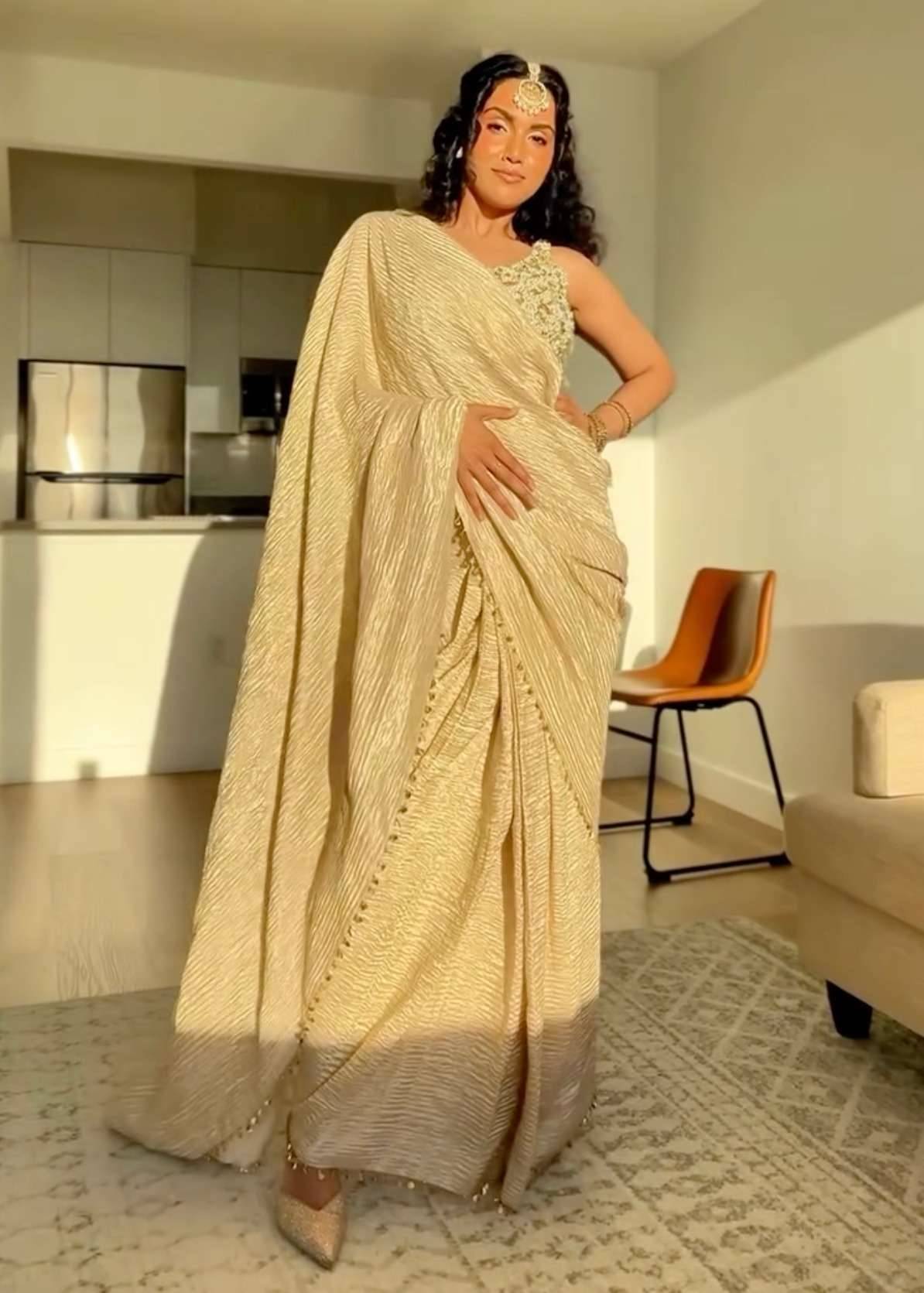 Starla Off White Embroidered Pre-Draped Sari Image - 0