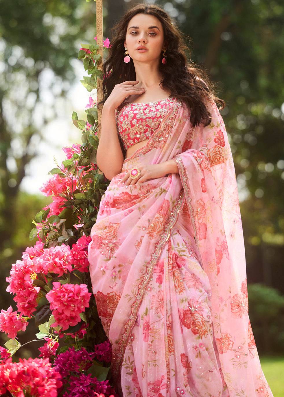Pink Multicolor Floral Embroidered Sari Image - 1