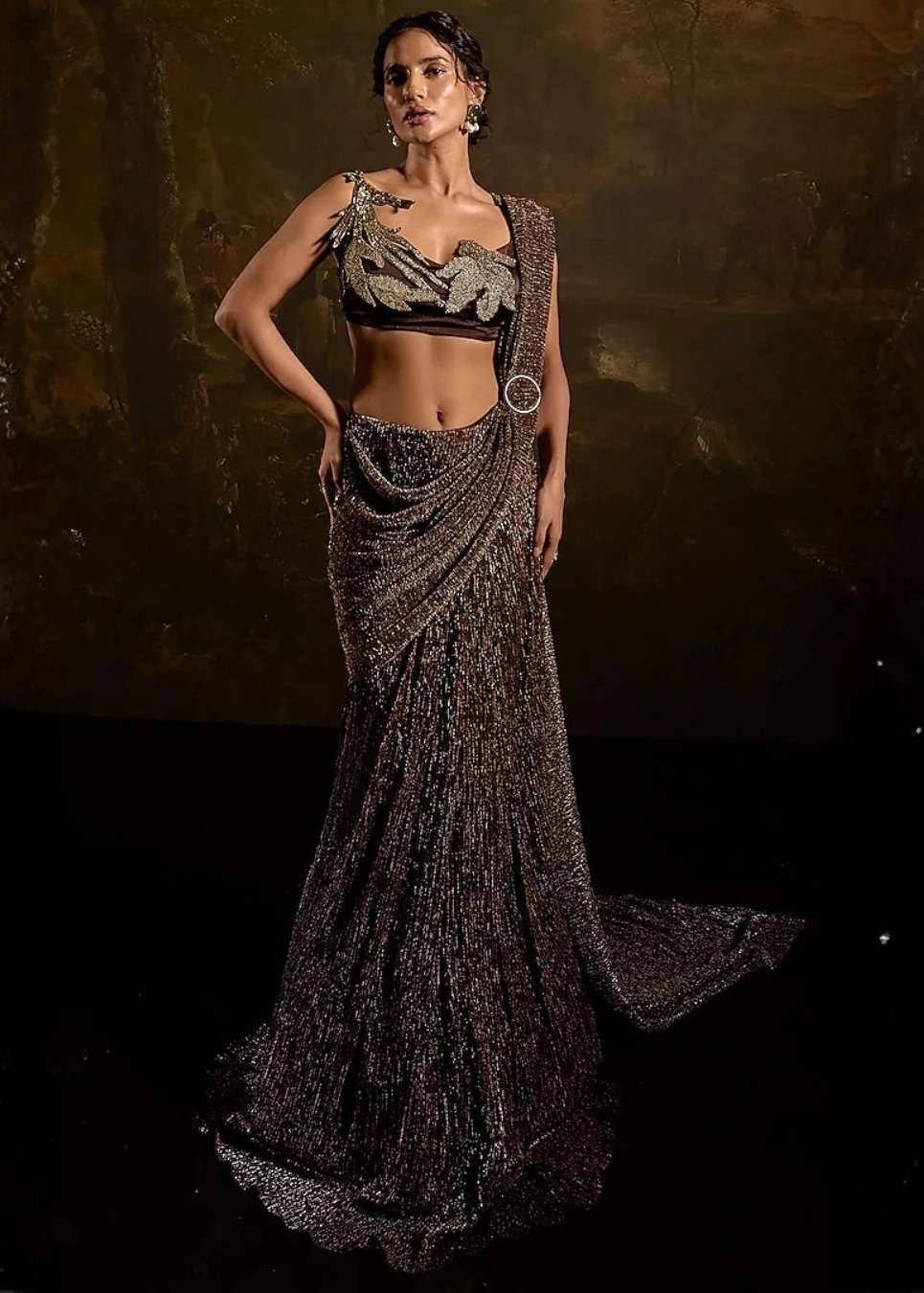 Brown Shimmer Mermaid Pre-Drape Sari Image - 2