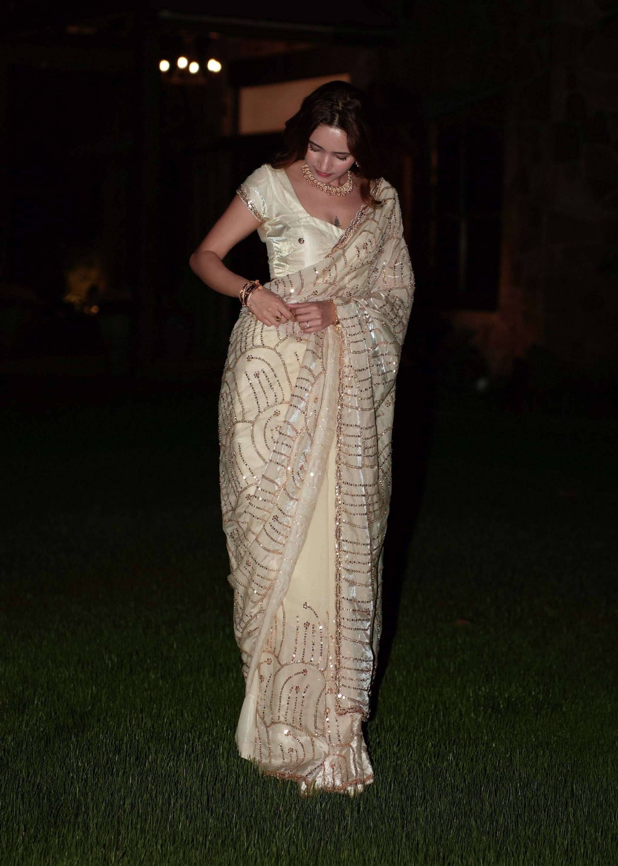 Ivory Pre-Draped Sari Image - 1