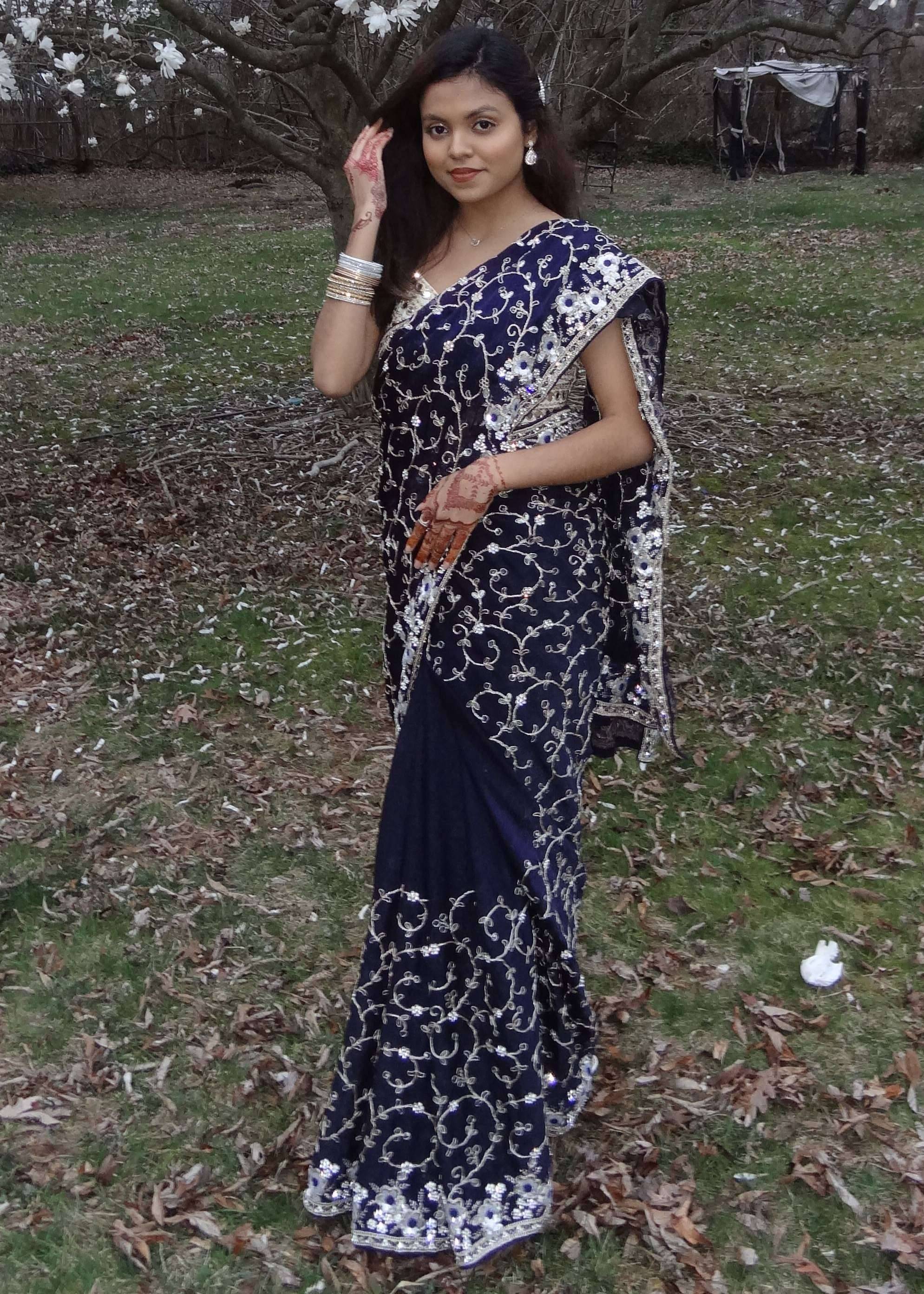 Navy Embellished Sari Image - 0