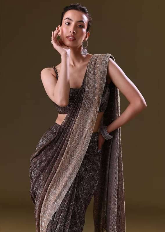 Brown Pre-Stitched Sari Image - 3