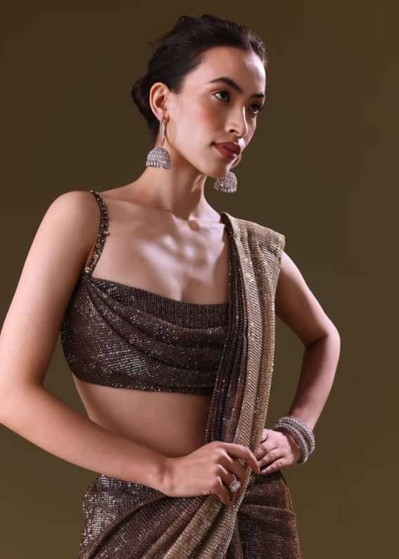 Brown Pre-Stitched Sari Image - 2