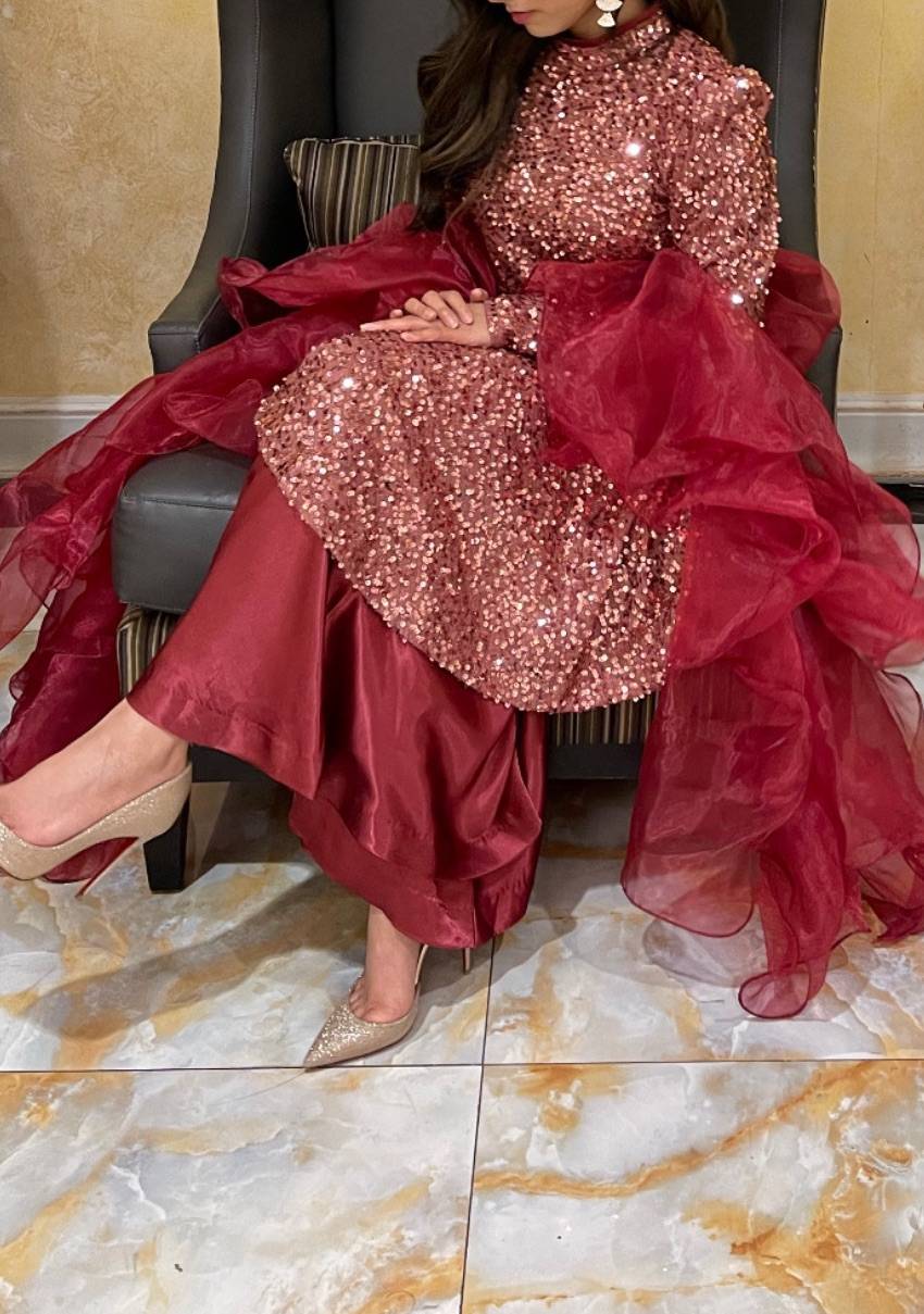 Red Sequin Sharara Set Image - 3