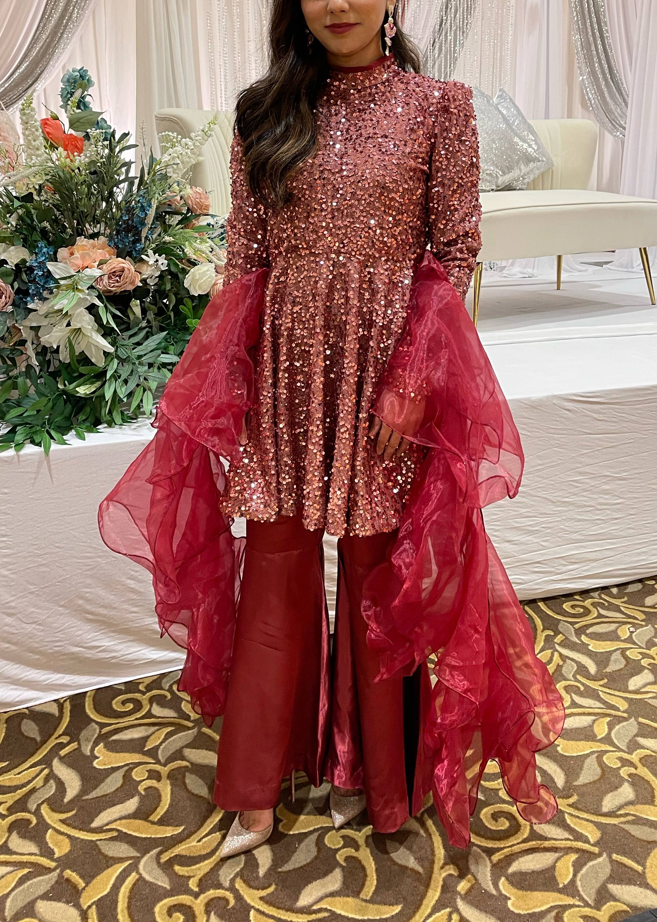 Red Sequin Sharara Set Image - 0