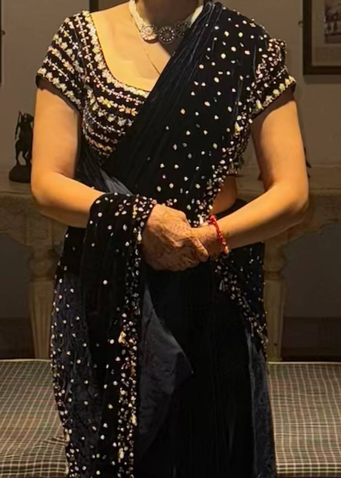 Navy Velvet Pre-Draped Sari Image - 4