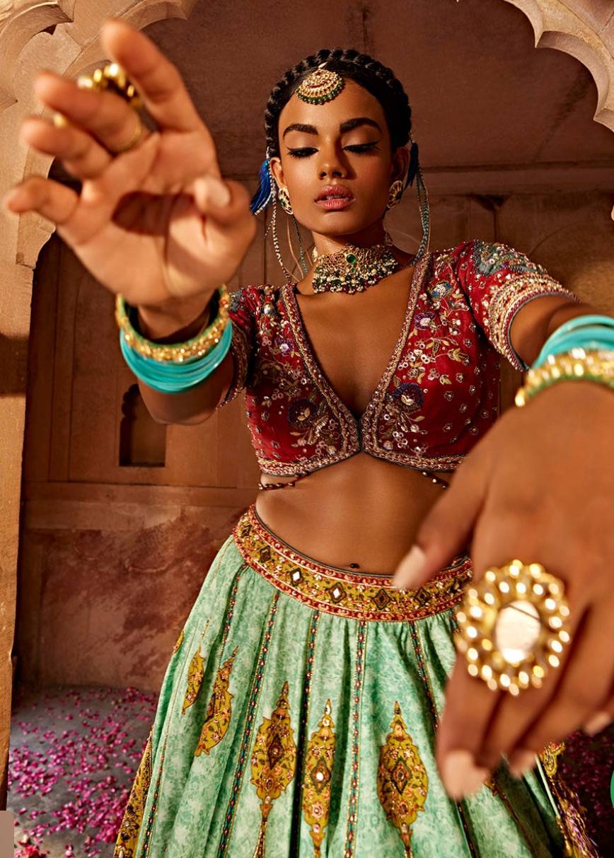 Sky Blue & Yellow Raw Silk Lehenga Set Image - 6