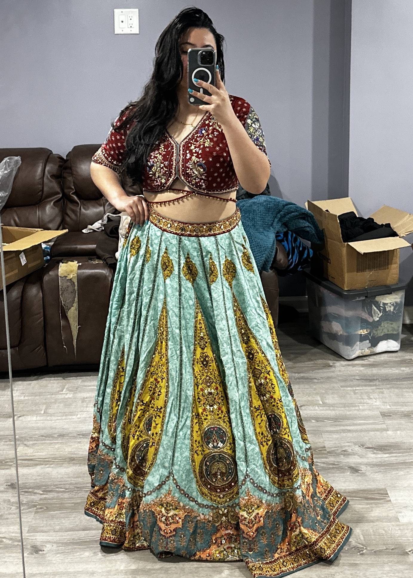 Sky Blue & Yellow Raw Silk Lehenga Set Image - 0