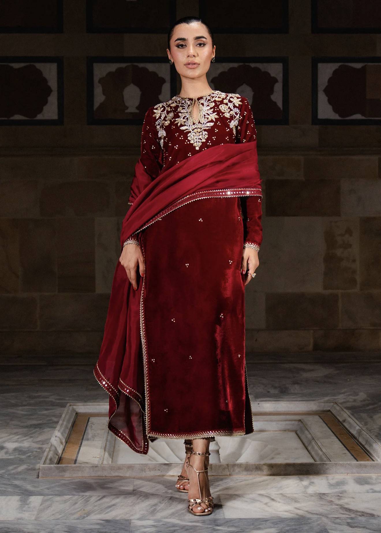 Maroon Velvet Salwar Set Image - 0