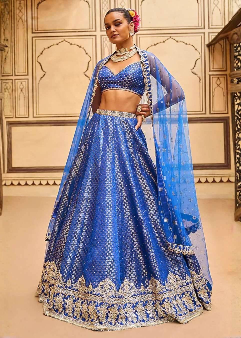 Blue Brocade Lehenga Set Image - 0