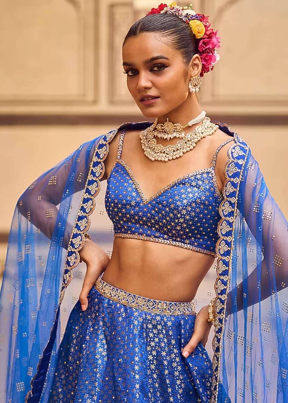 Blue Brocade Lehenga Set Image - 3