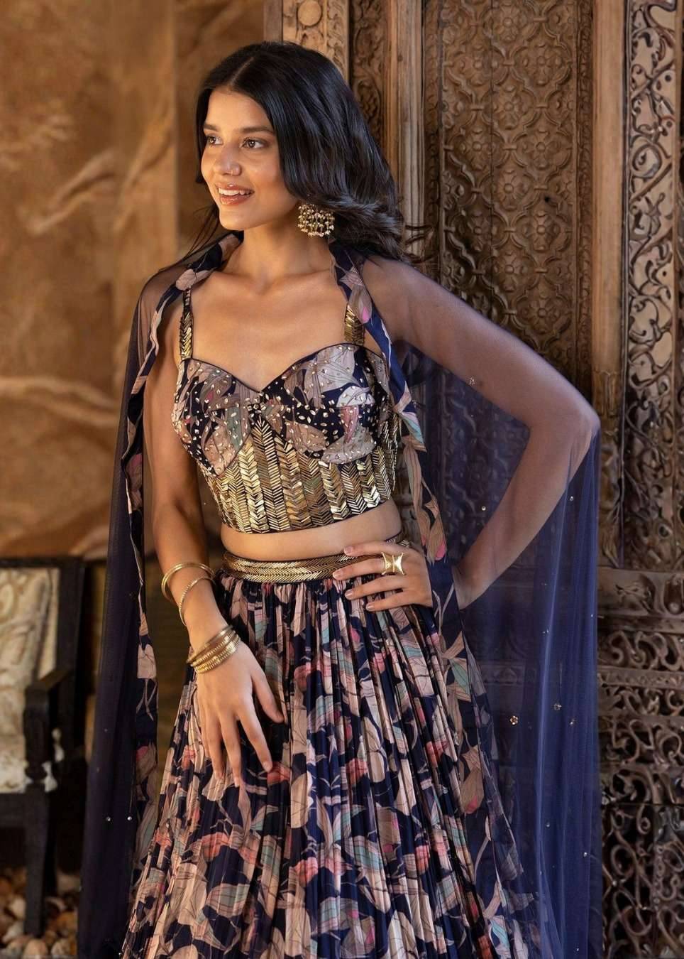 Blue Floral Print Lehenga Image - 3