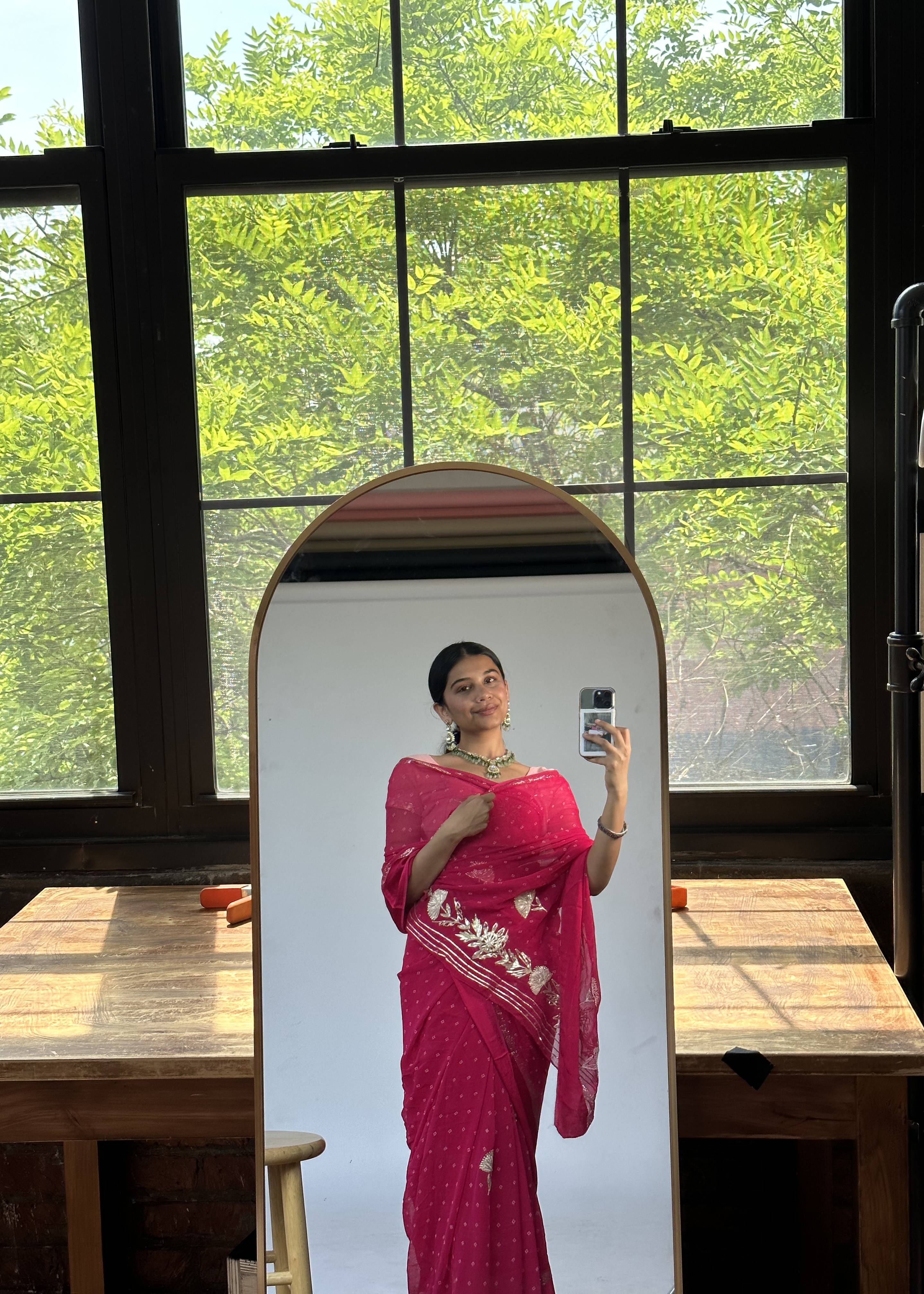 Rani Pink Chiffon Sari with Silver Gota Patti Work Image - 5