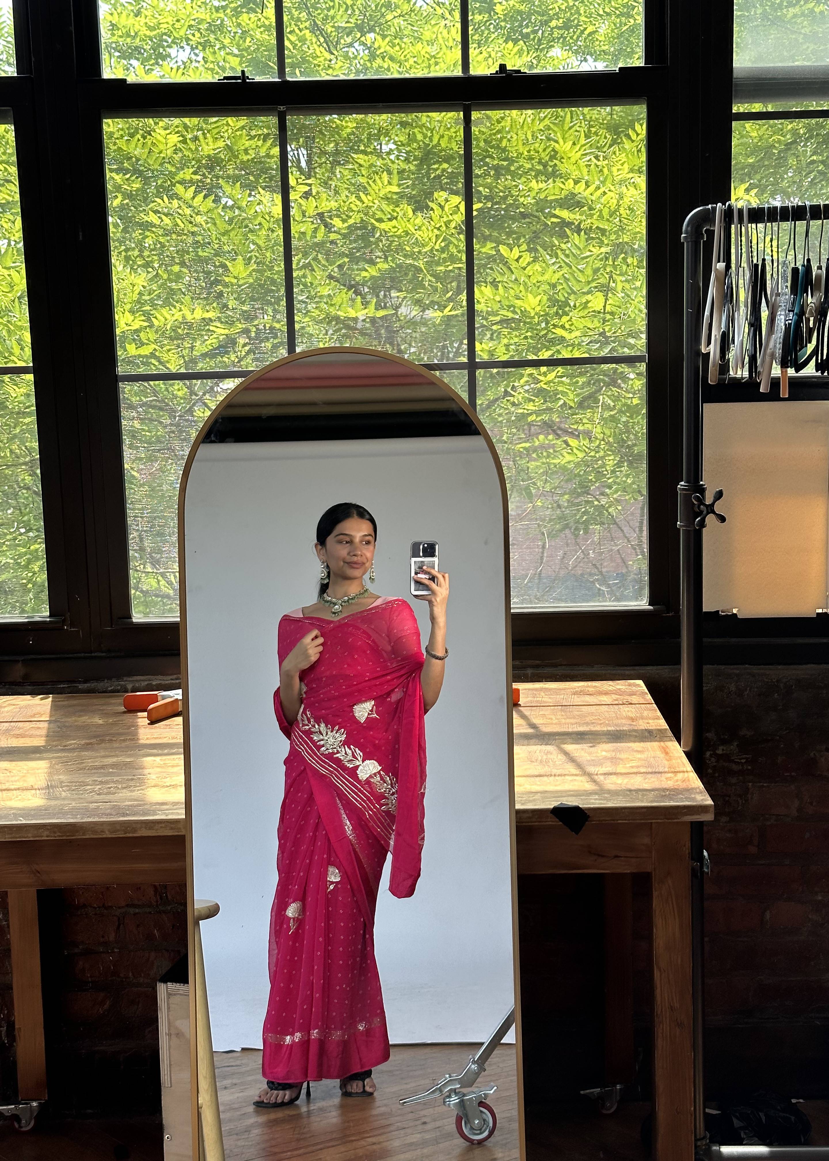 Rani Pink Chiffon Sari with Silver Gota Patti Work Image - 2
