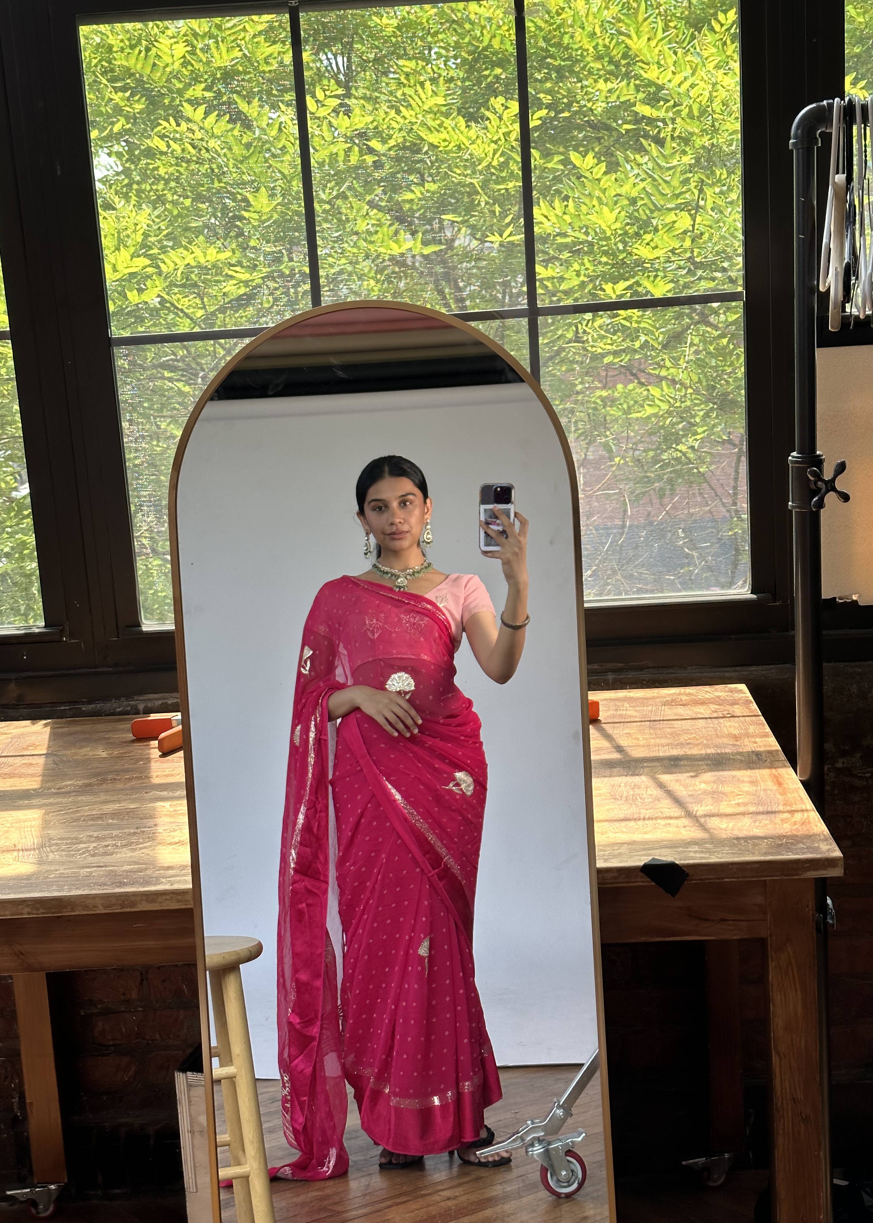 Rani Pink Chiffon Sari with Silver Gota Patti Work Image - 4