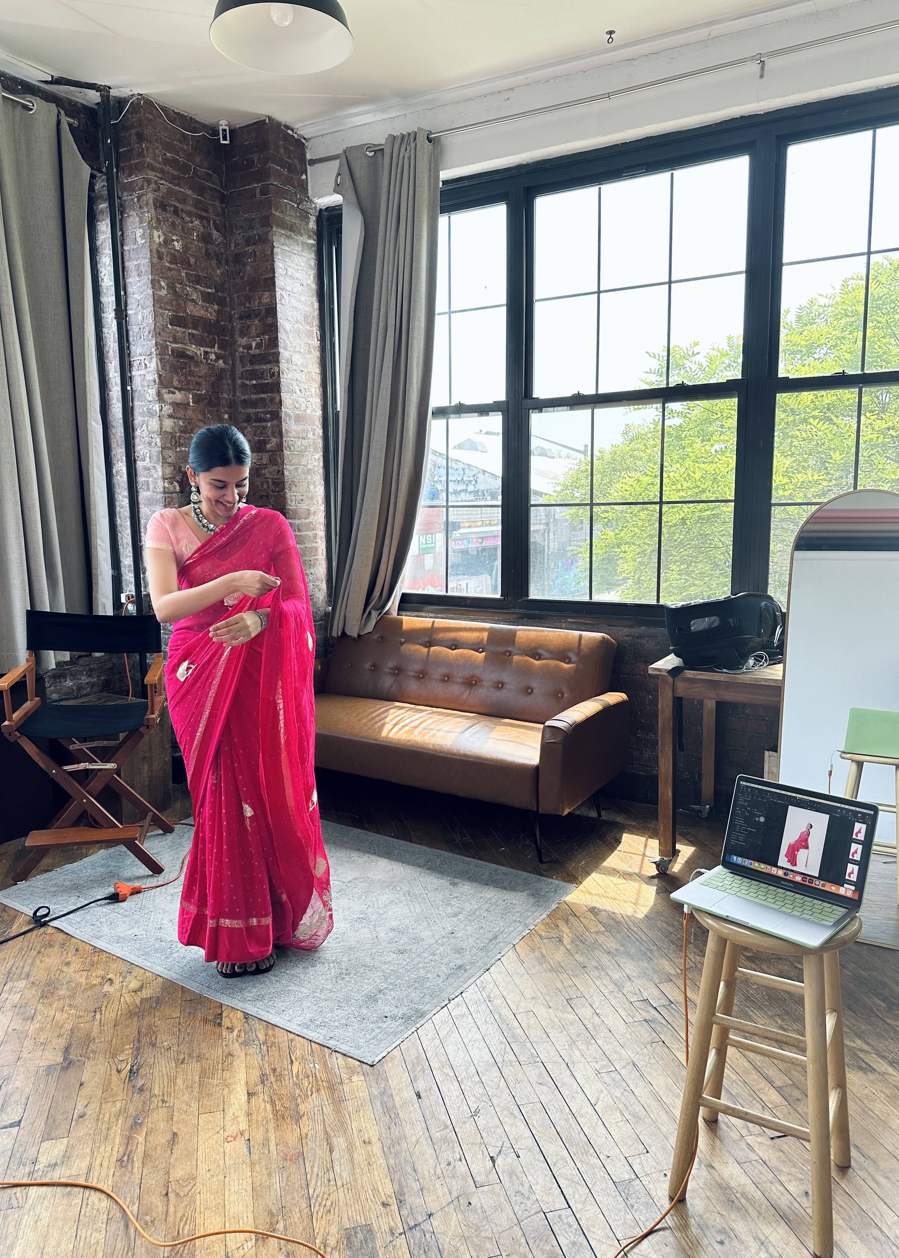 Rani Pink Chiffon Sari with Silver Gota Patti Work Image - 6