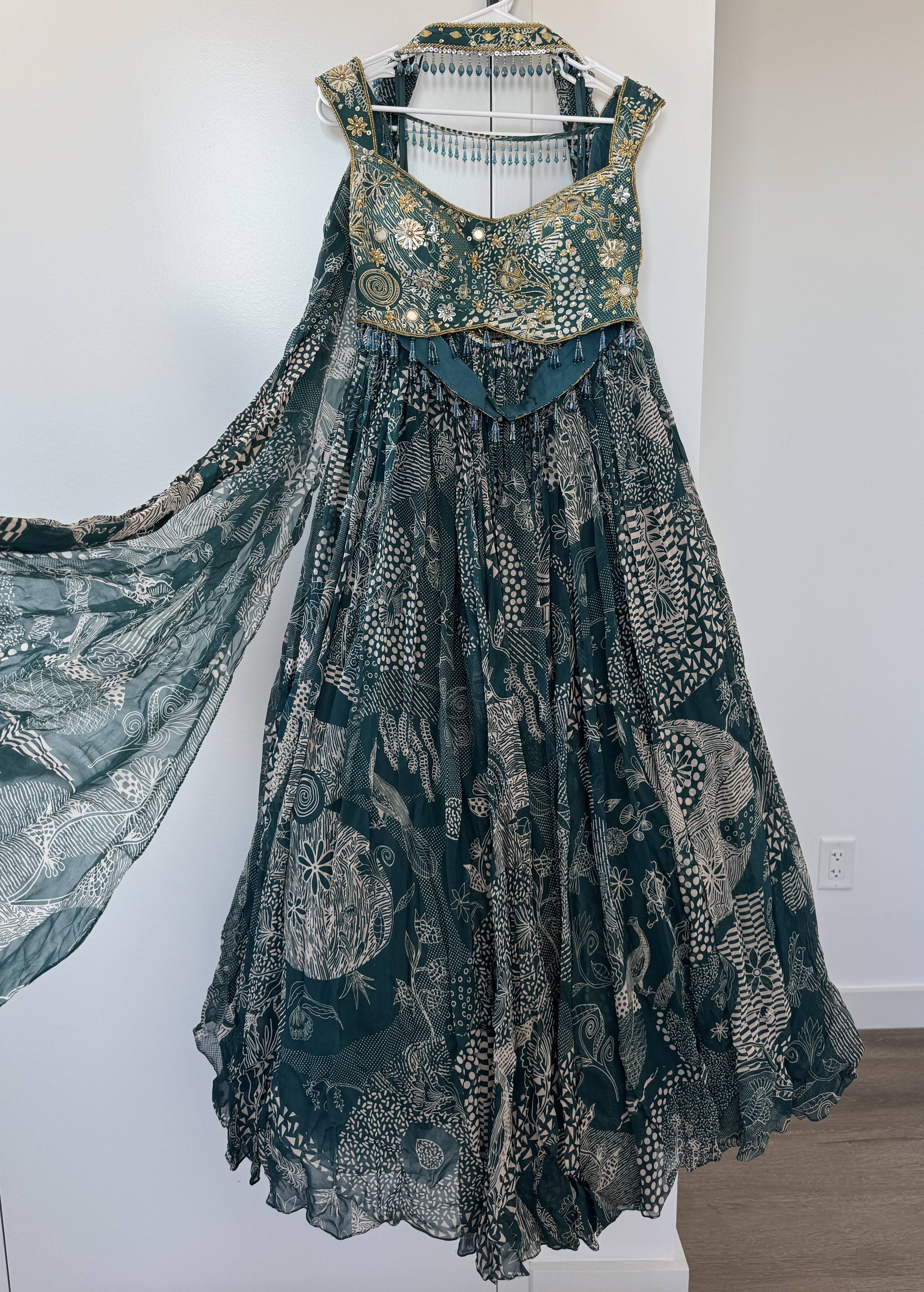 Teal Printed Lehenga Image - 0