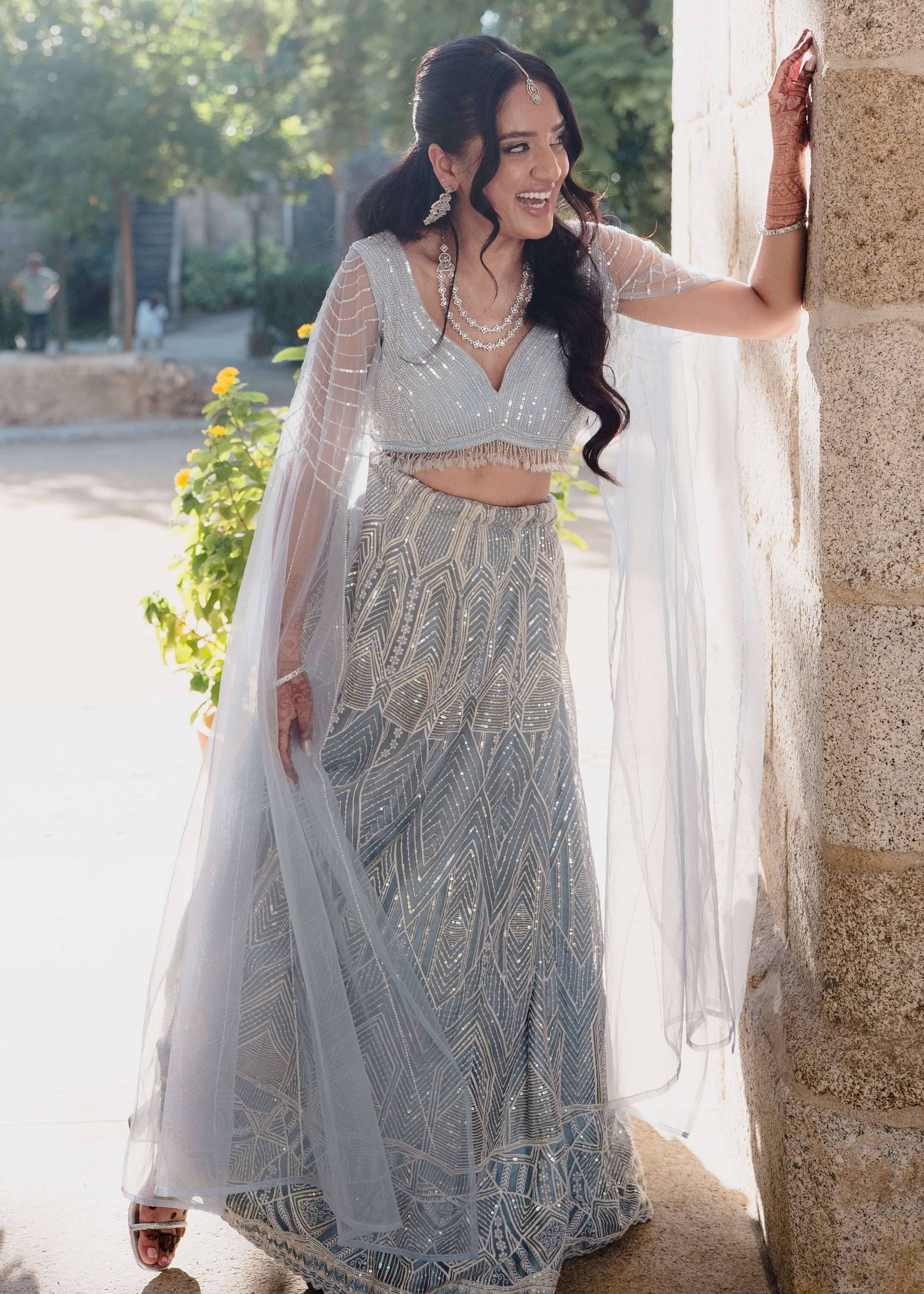 Icy Blue Draped Sleeve Lehenga Image - 0