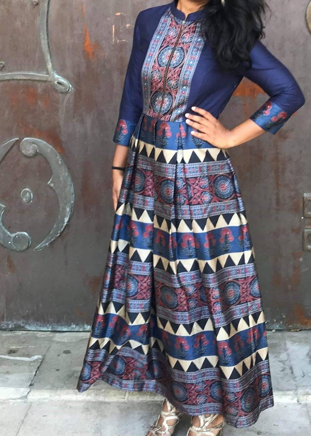 Navy Long-Sleeved Anarkali Image - 0