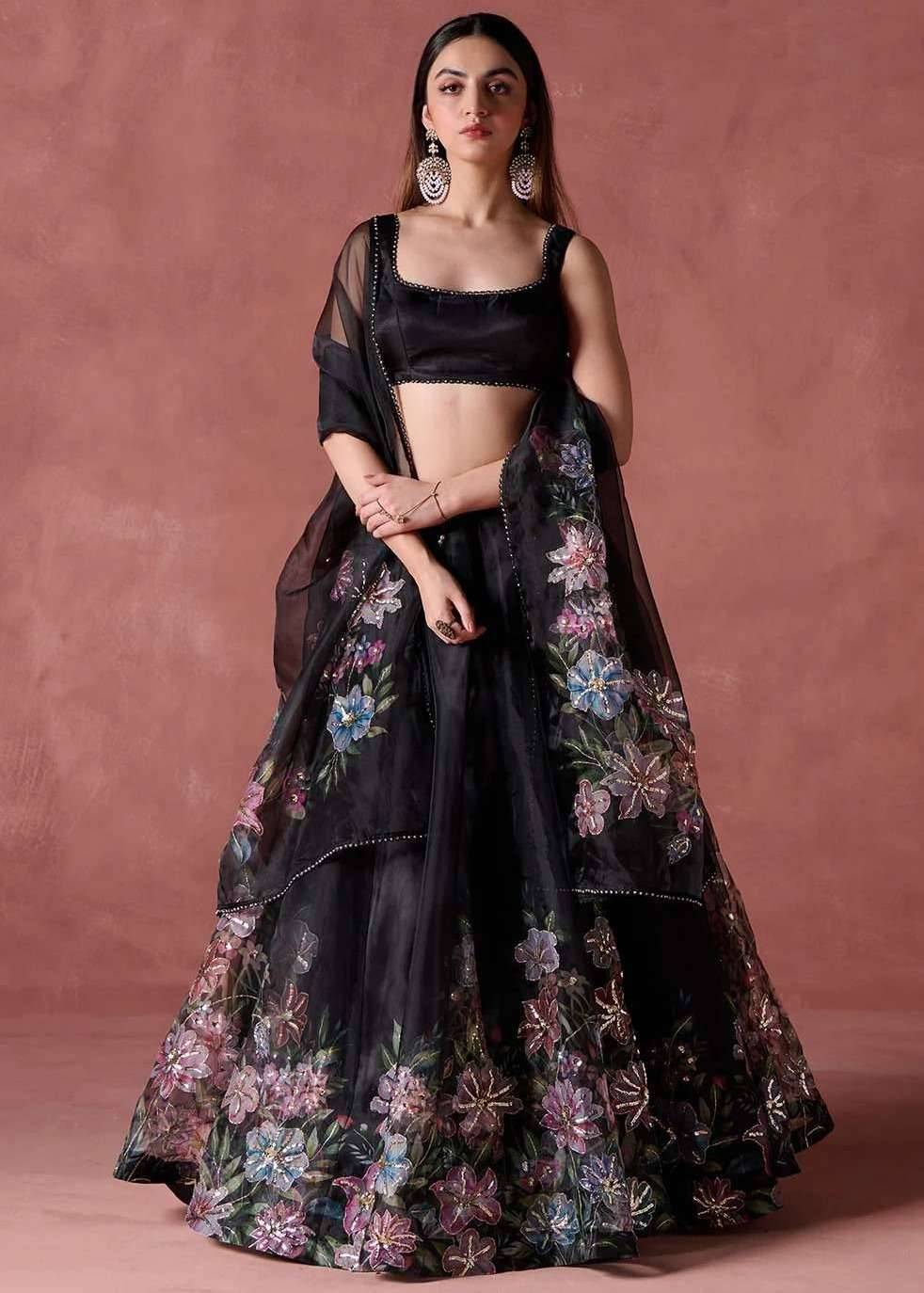 Black Organza Floral Printed Lehenga Set Image - 0
