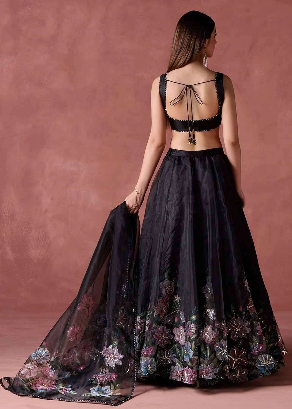 Black Organza Floral Printed Lehenga Set Image - 1