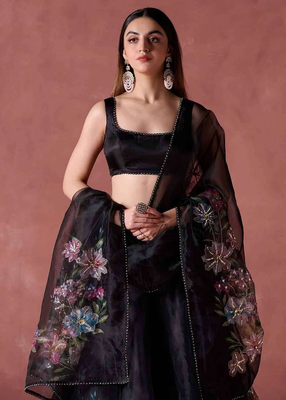 Black Organza Floral Printed Lehenga Set Image - 2