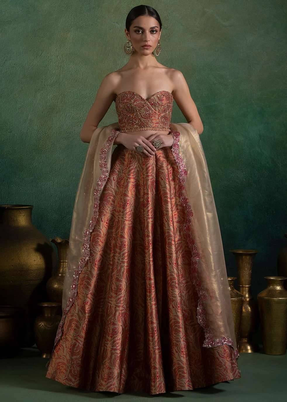 Gold & Pink Embroidered Brocade Lehenga Image - 3