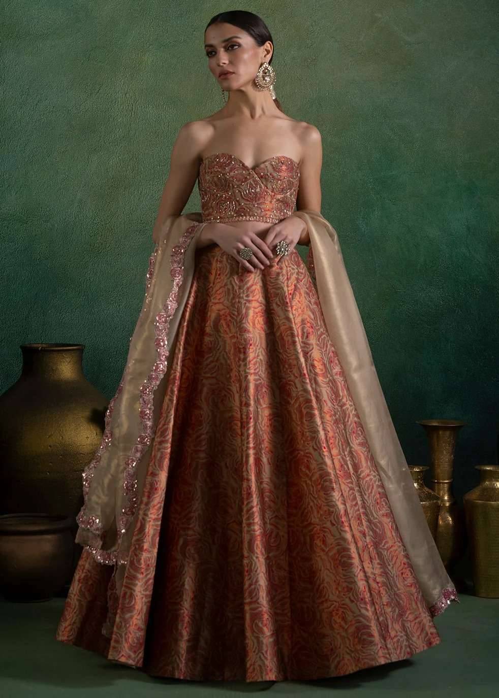 Gold & Pink Embroidered Brocade Lehenga Image - 4