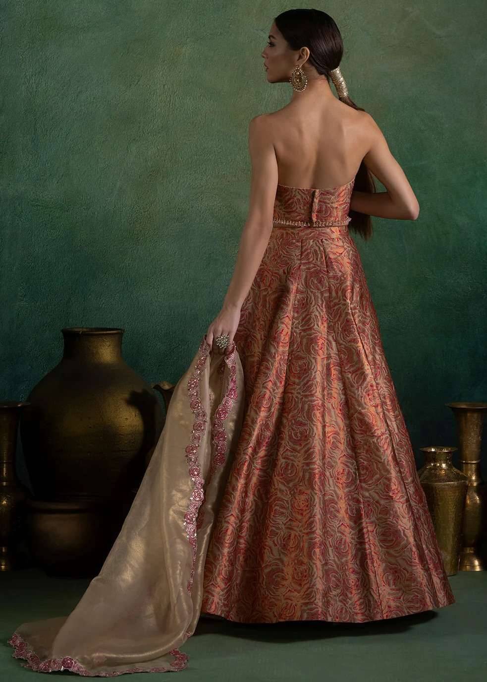 Gold & Pink Embroidered Brocade Lehenga Image - 5
