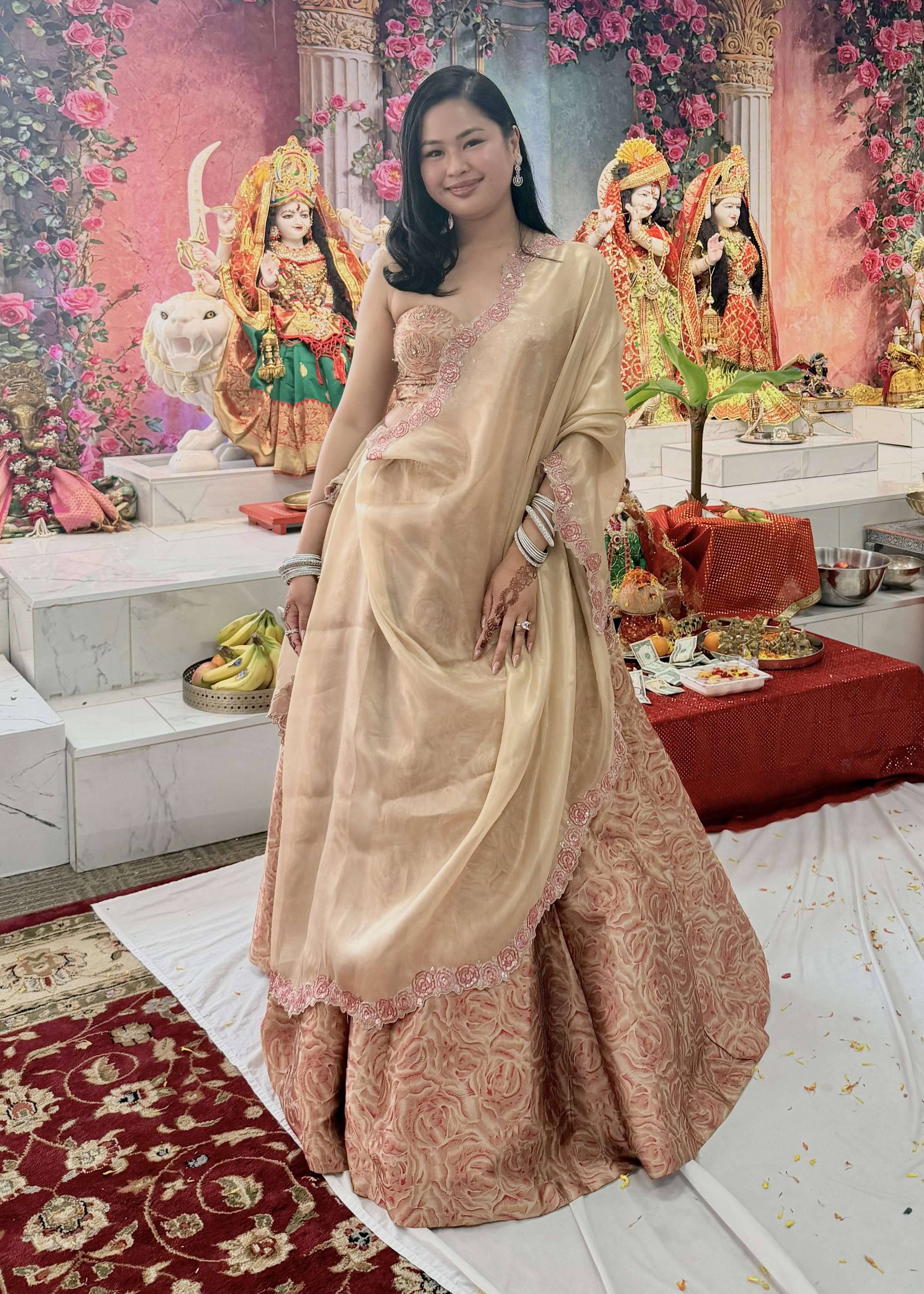 Gold & Pink Embroidered Brocade Lehenga Image - 0