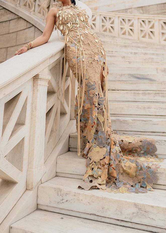 Gold 3D Floral Gown Image - 2