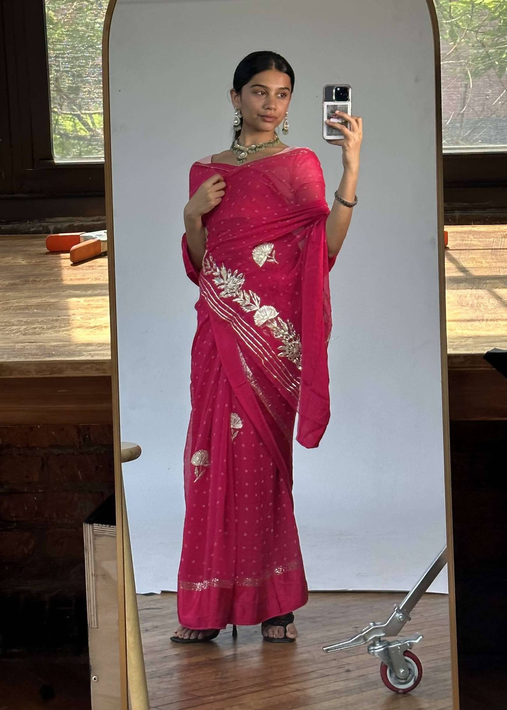 Rani Pink Chiffon Sari with Silver Gota Patti Work Image - 0