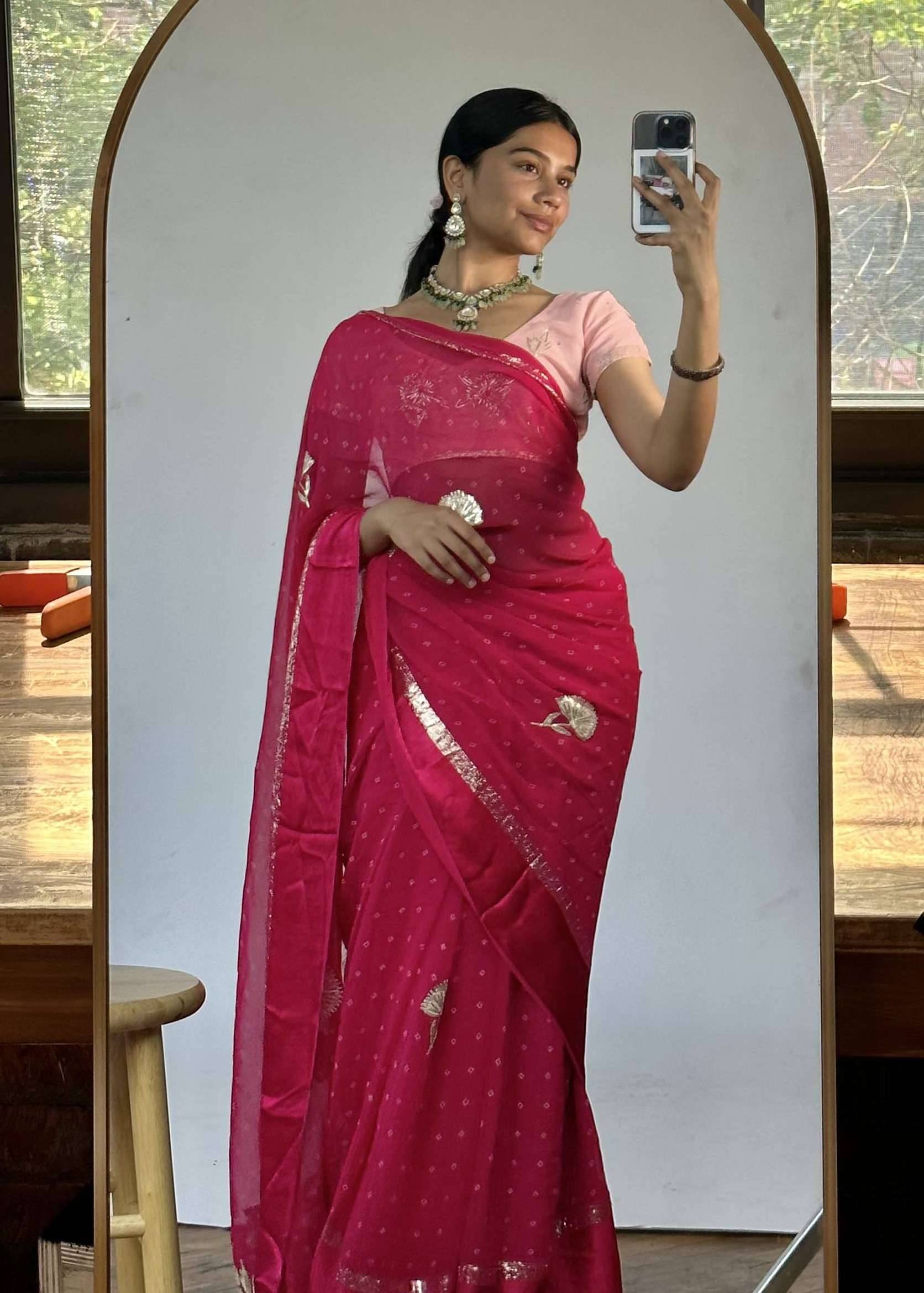 Rani Pink Chiffon Sari with Silver Gota Patti Work Image - 1