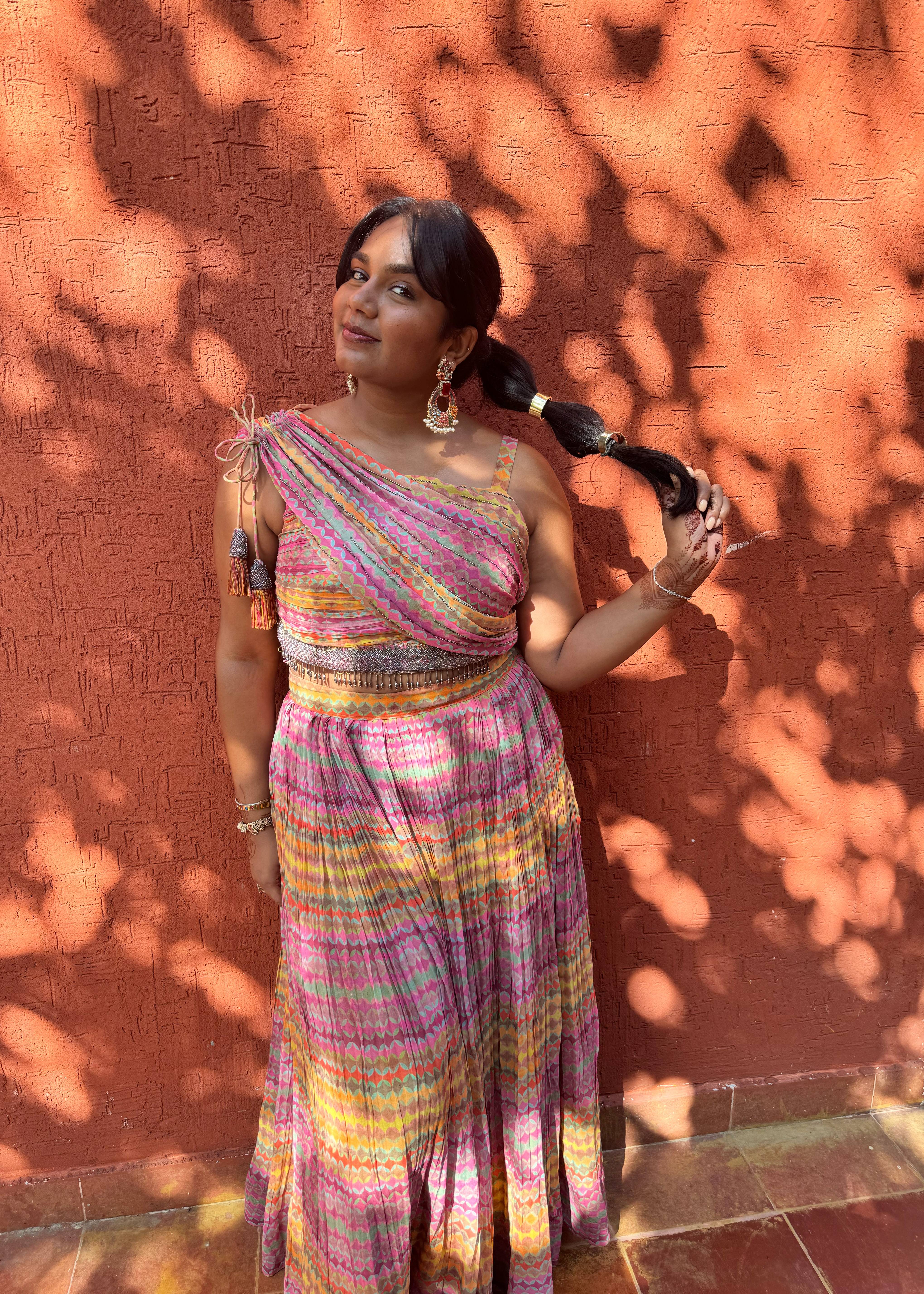 Multicolored One-Shoulder Lehenga Image - 1