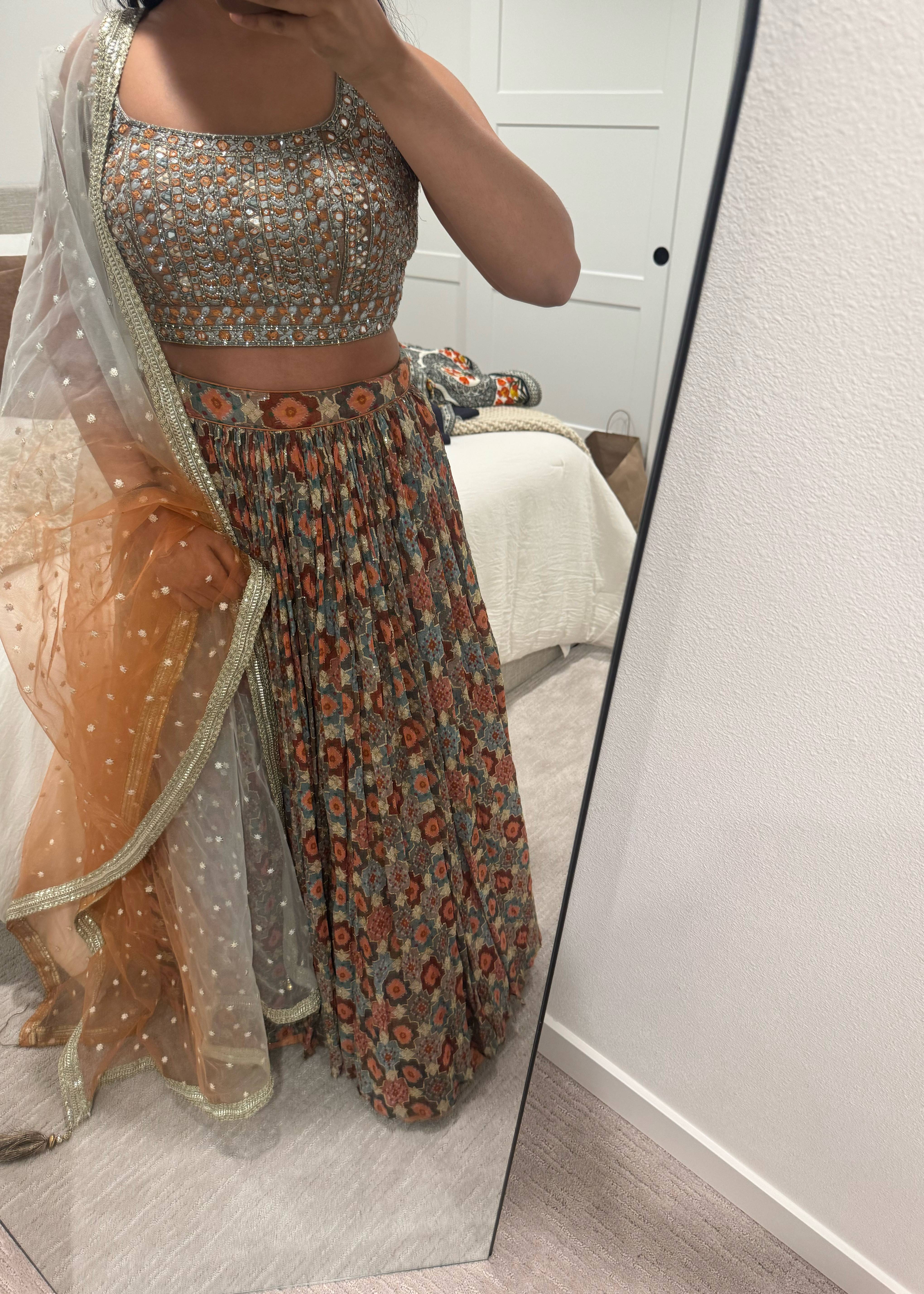 Blue and Orange Mosaic Lehenga  Image - 1
