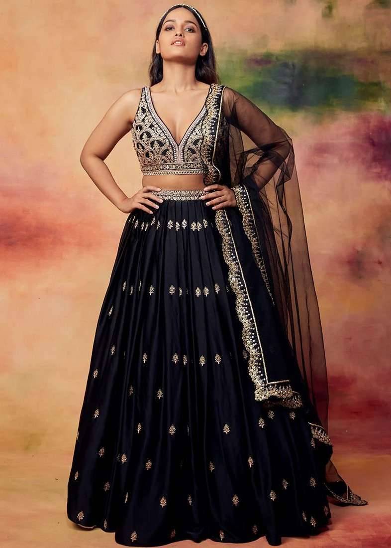 Black and Gold Embroidered Satin Lehenga Image - 0