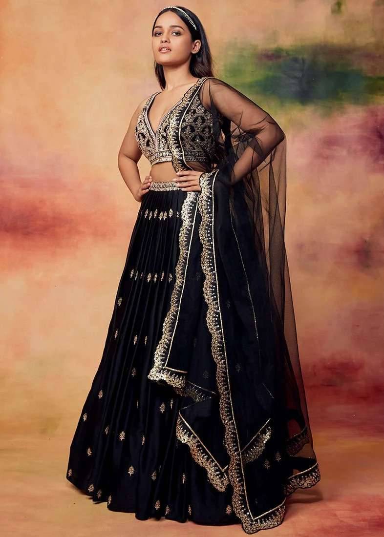 Black and Gold Embroidered Satin Lehenga Image - 2