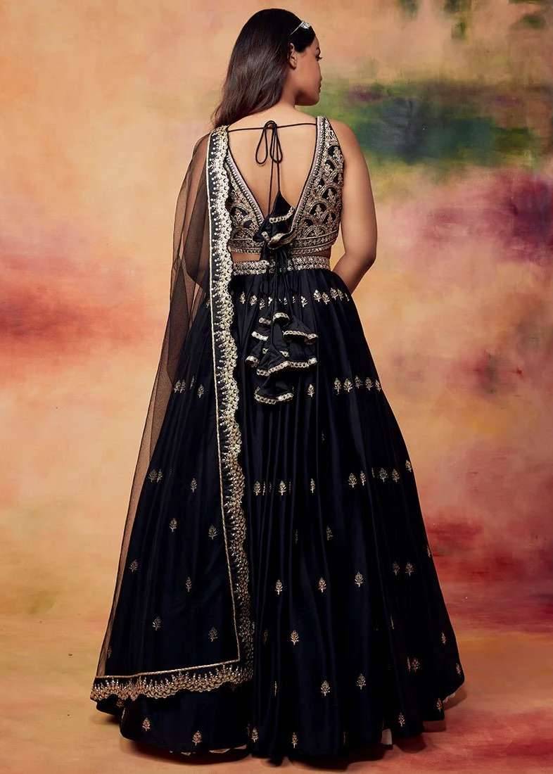 Black and Gold Embroidered Satin Lehenga Image - 3
