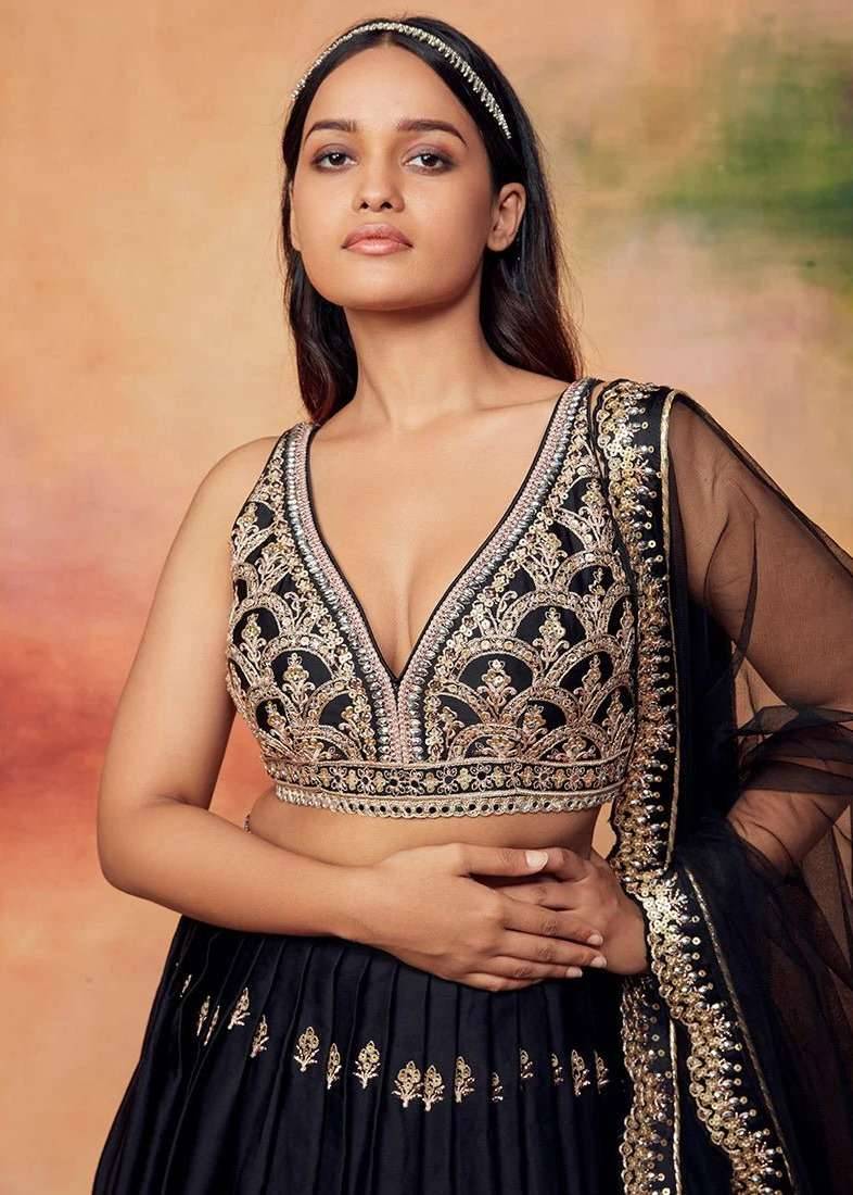 Black and Gold Embroidered Satin Lehenga Image - 4