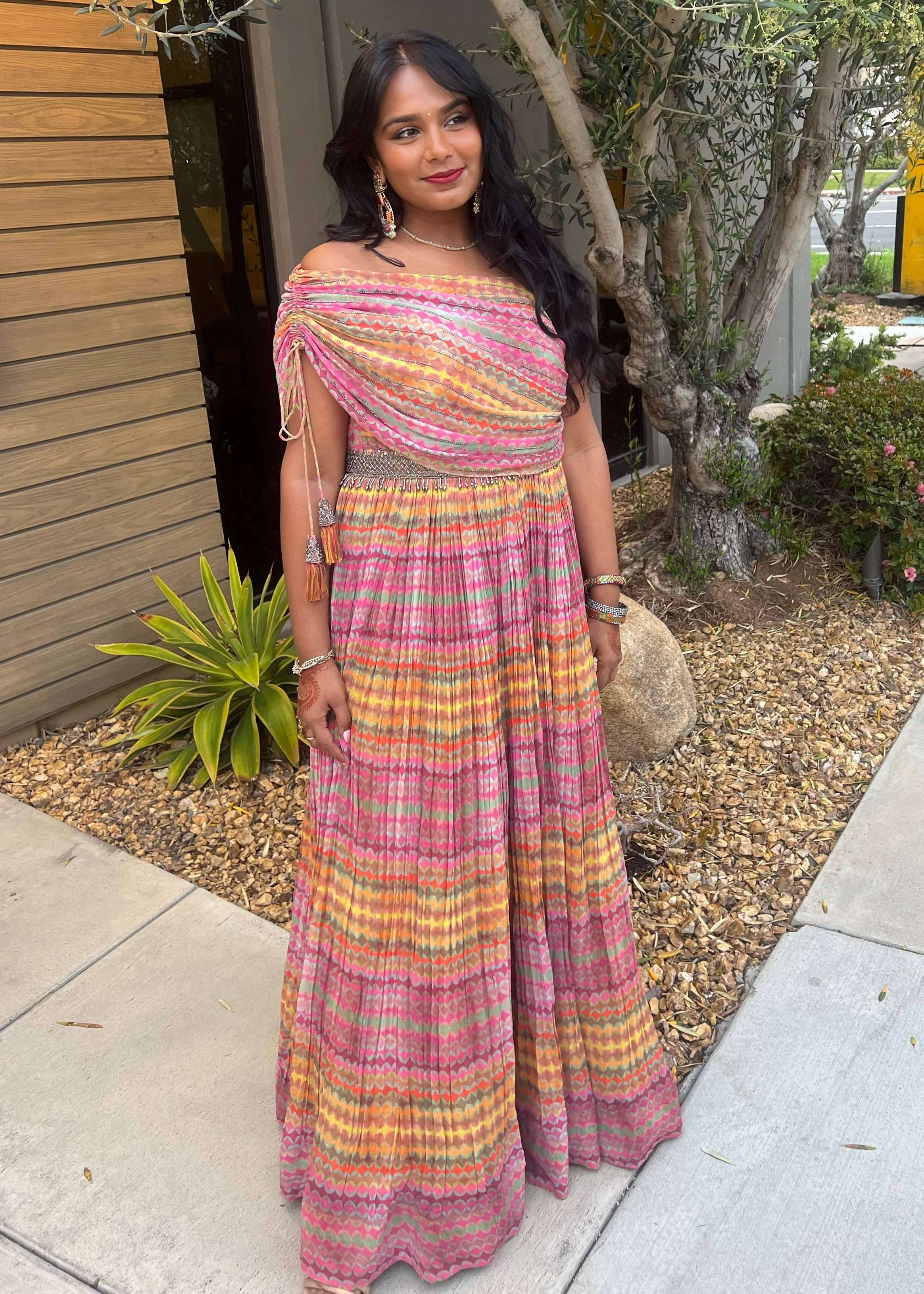Multicolored One-Shoulder Lehenga Image - 0