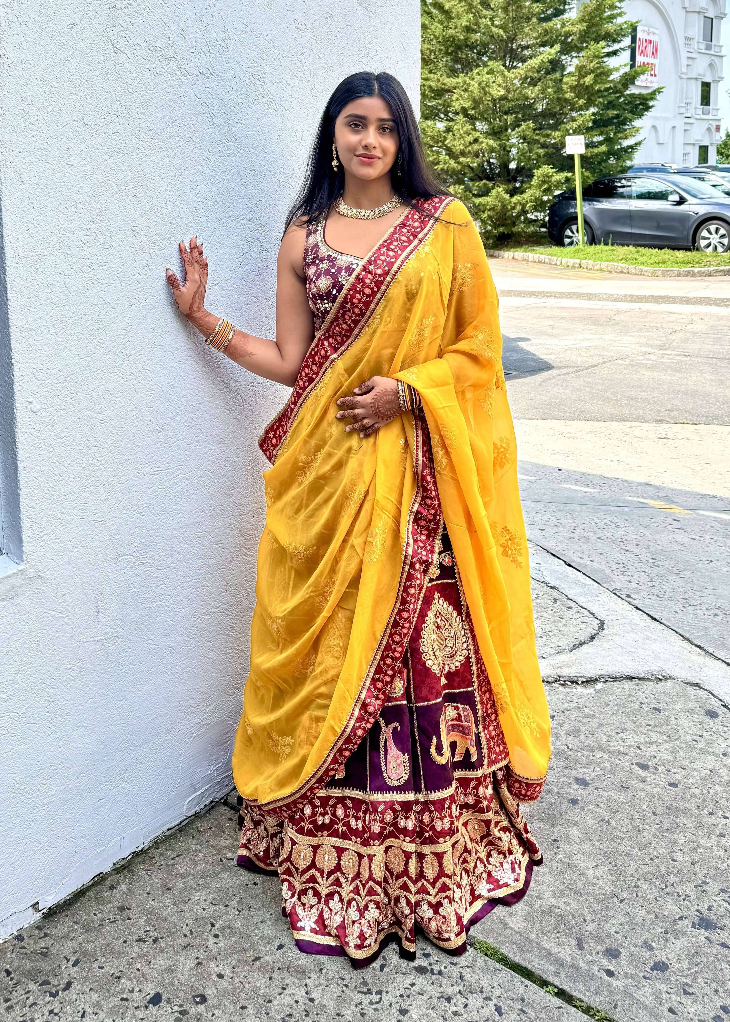 Burgundy and Yellow Lehenga Image - 0