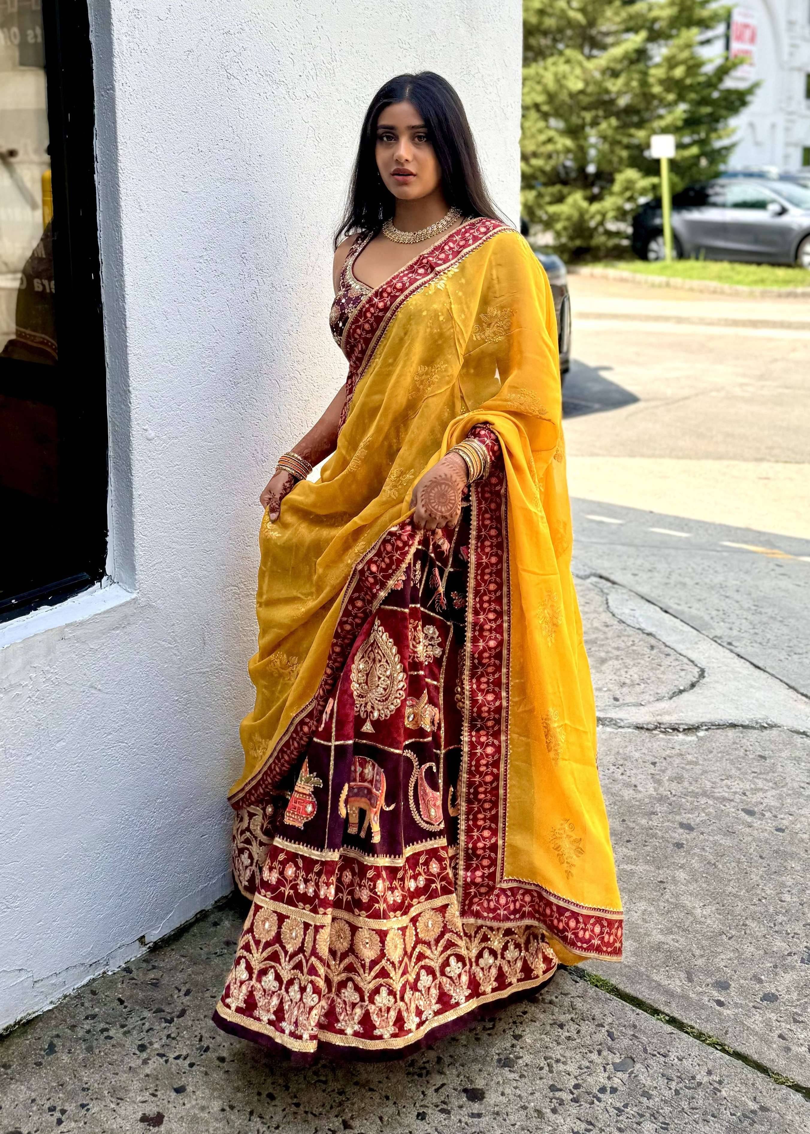 Burgundy and Yellow Lehenga Image - 2