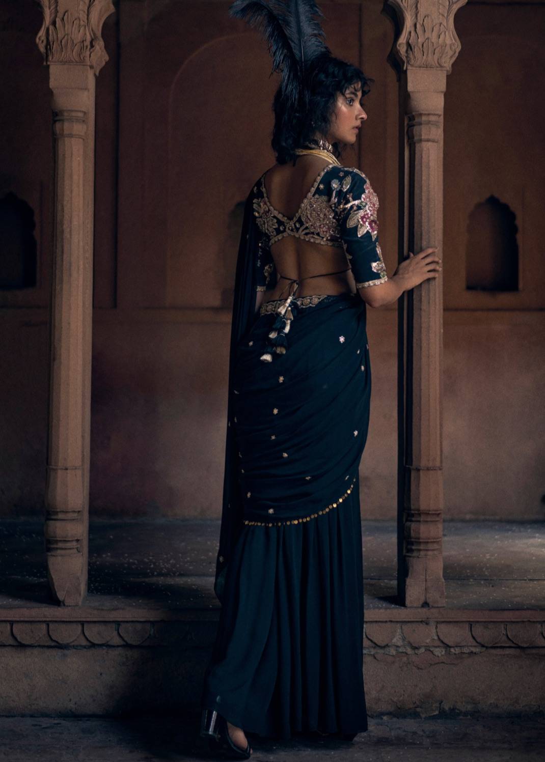 Black Floral Pre-Draped Sari Image - 5