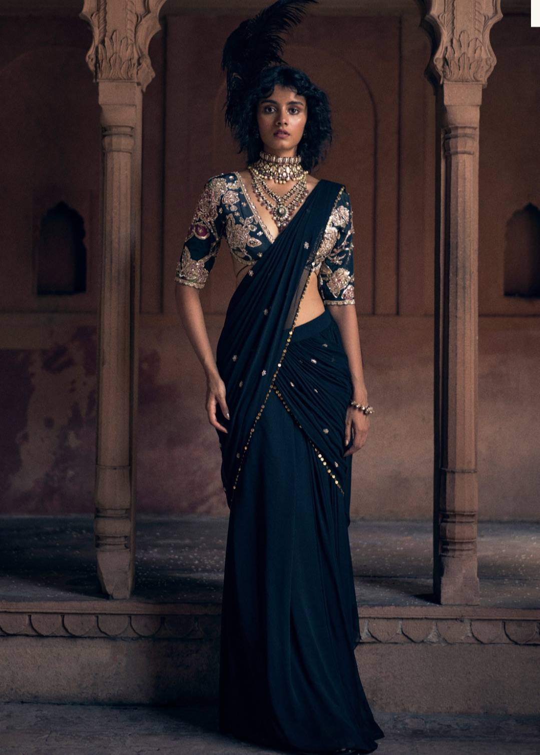 Black Floral Pre-Draped Sari Image - 0
