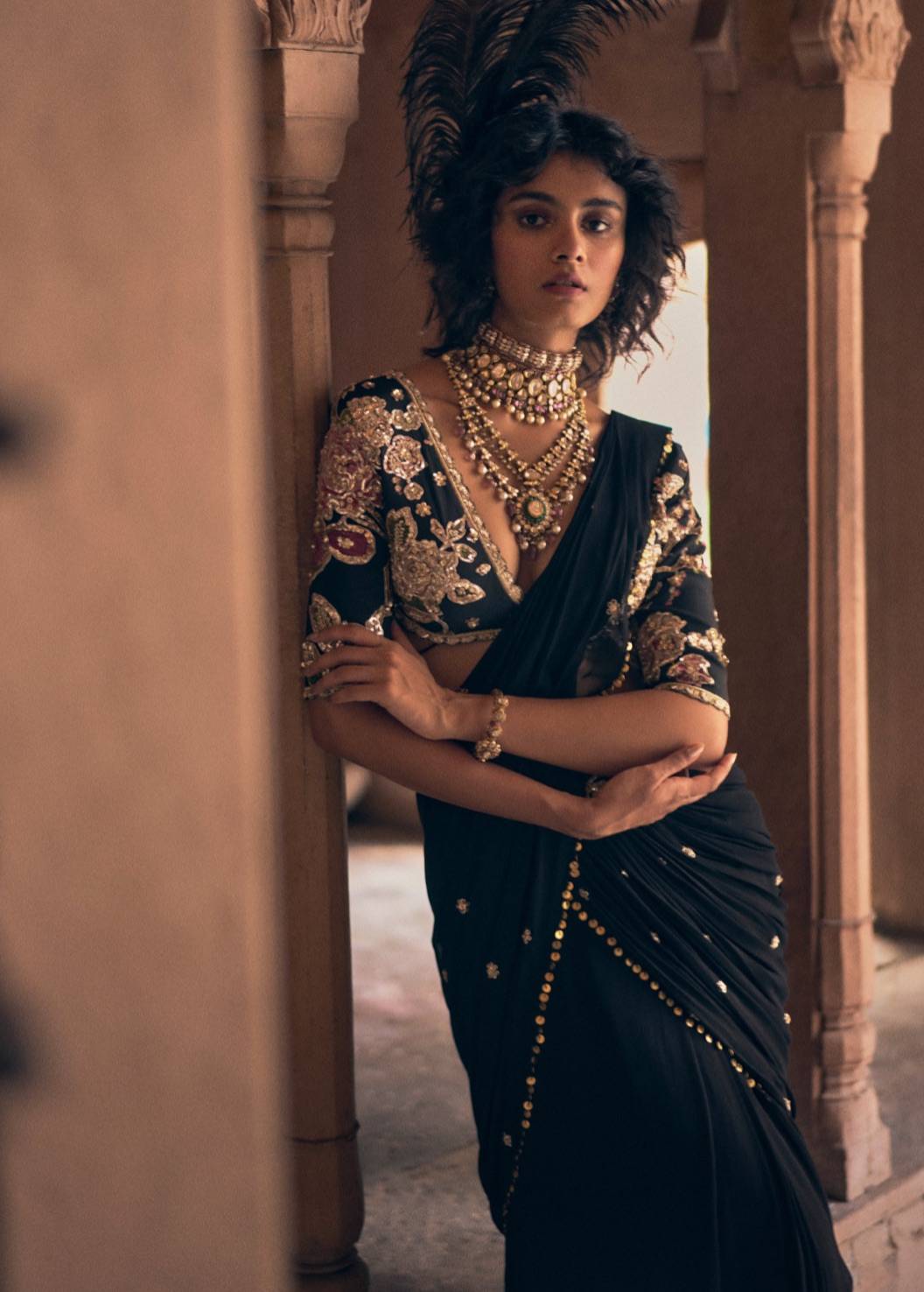 Black Floral Pre-Draped Sari Image - 2