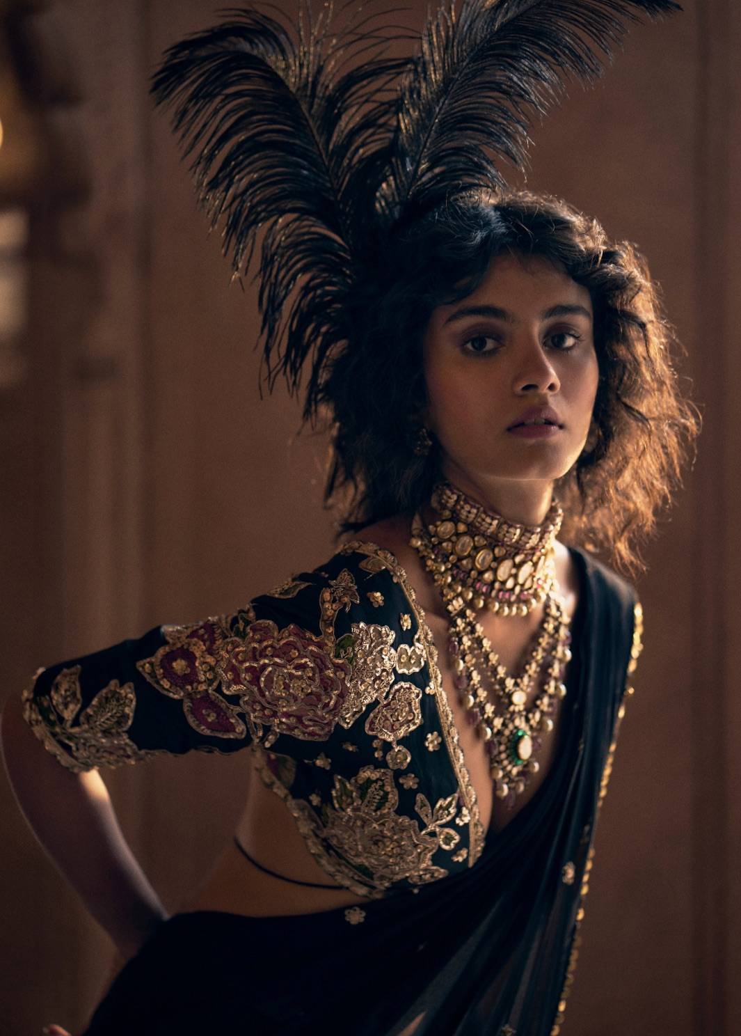 Black Floral Pre-Draped Sari Image - 3