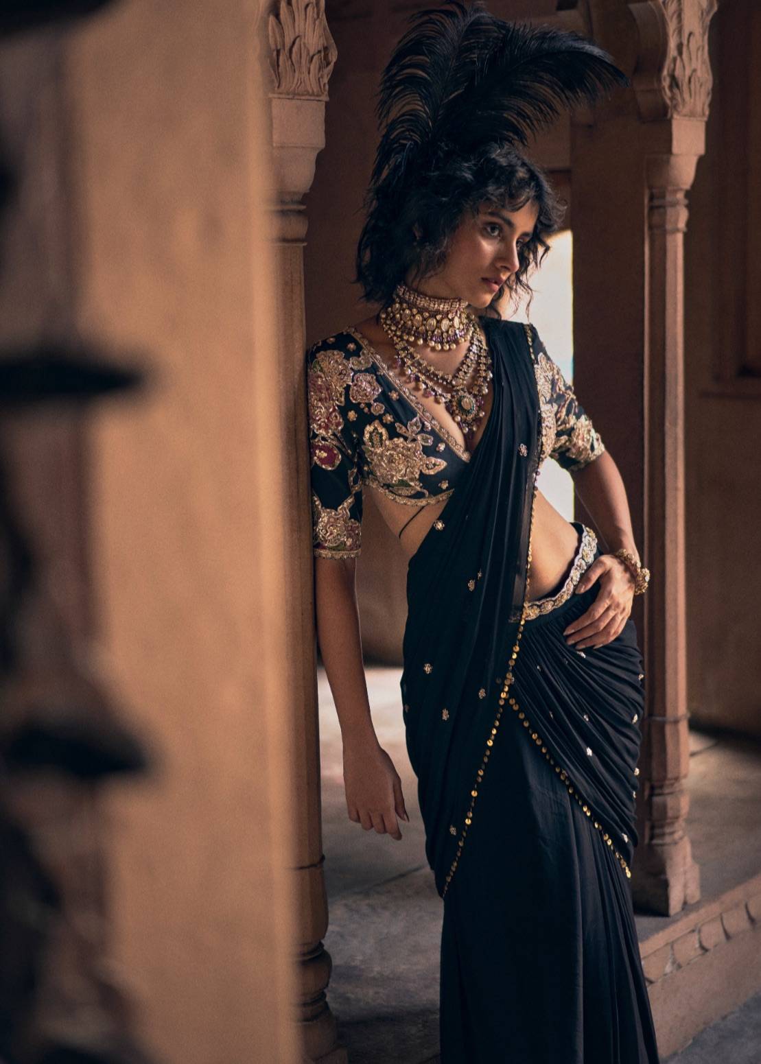 Black Floral Pre-Draped Sari Image - 1