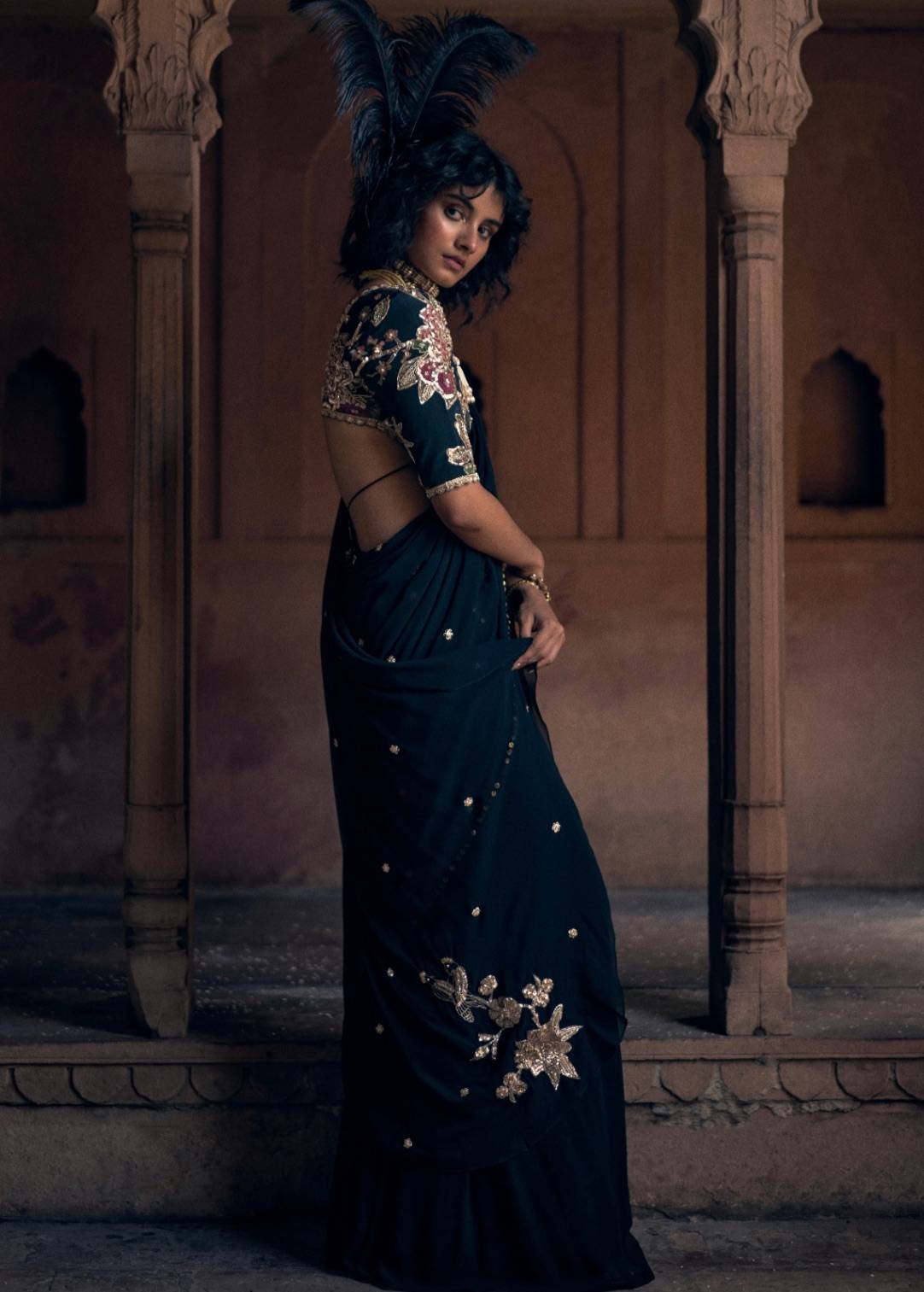 Black Floral Pre-Draped Sari Image - 4